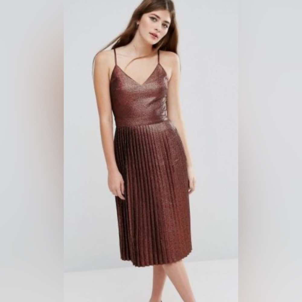 NWT ASOS bronze metallic pleated cami midi dress 2
